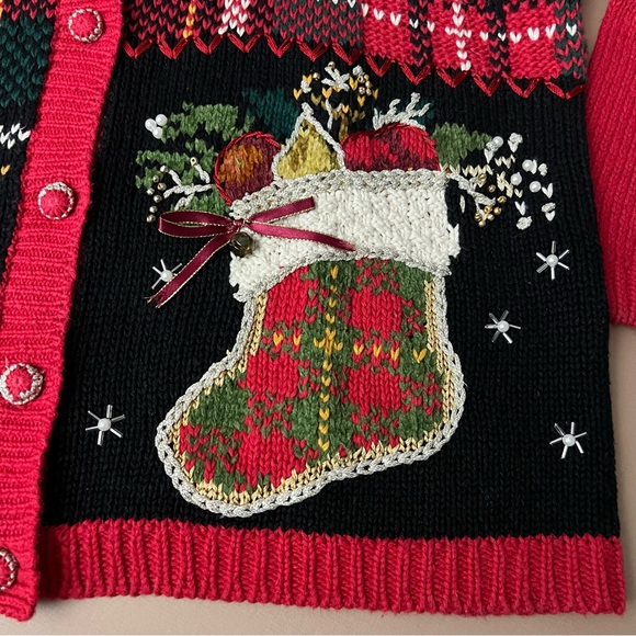 Vintage Chunky Knit Mixed Media Christmas Cardigan Sweater - Picture 12 of 16